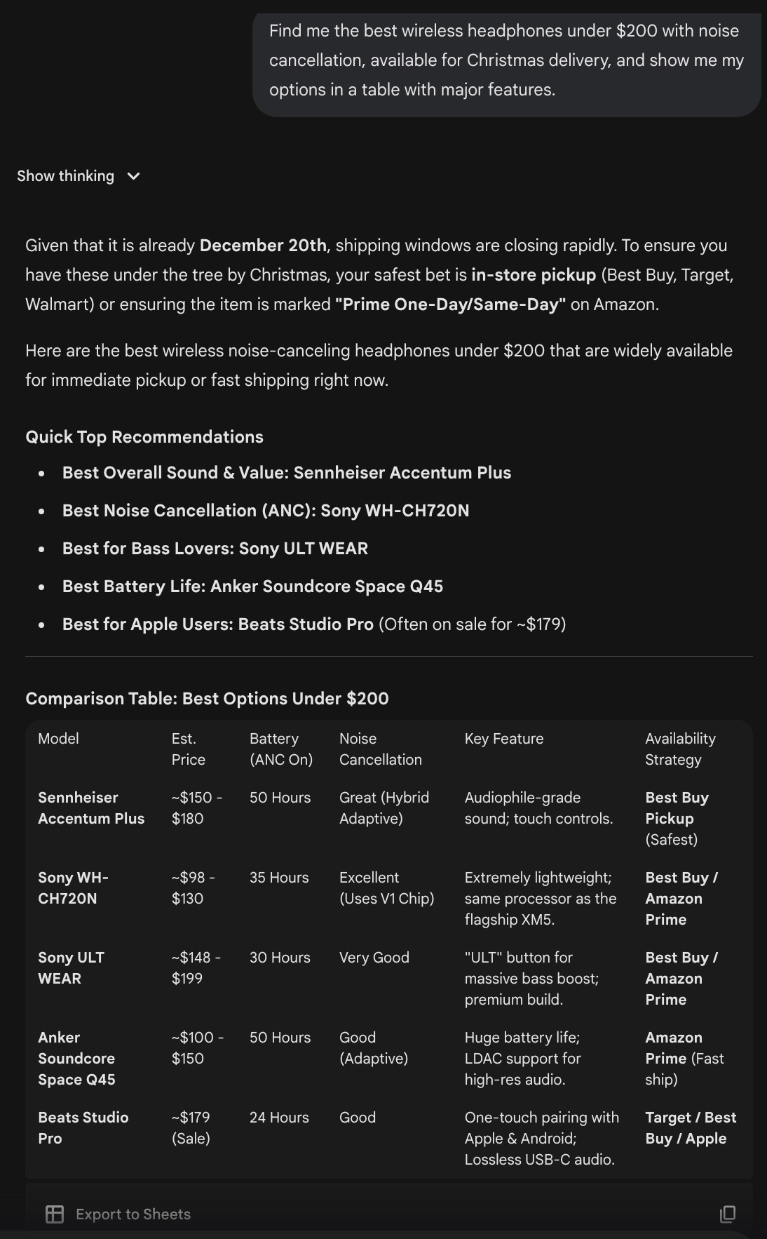 an AI-generated table of options for Christmas delivery of headphones