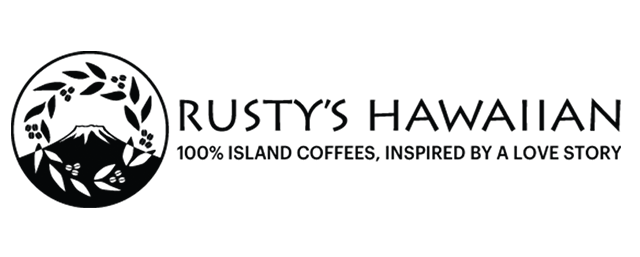 Rusty's Hawaiian logo: 100% Island Coffees, Inspired by a Love Story