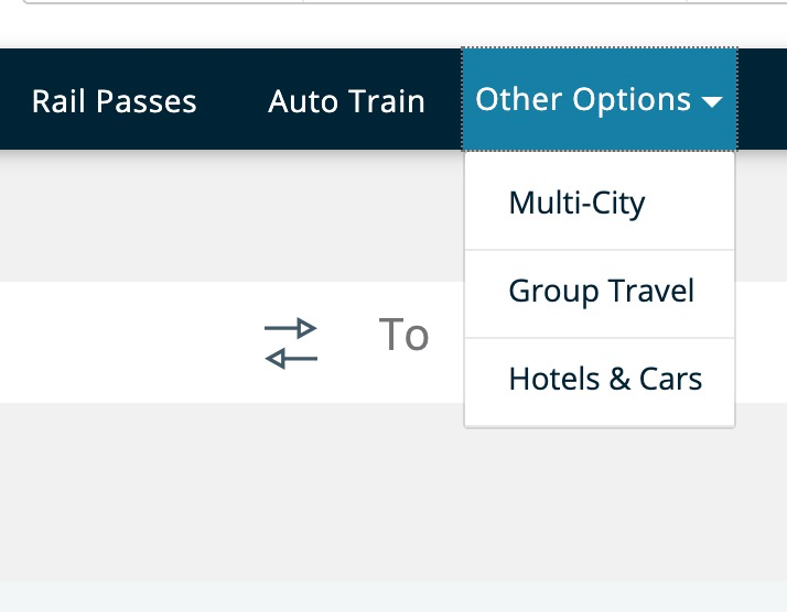 Amtrak's menu: Other Options menu is dropped down to reveal three options