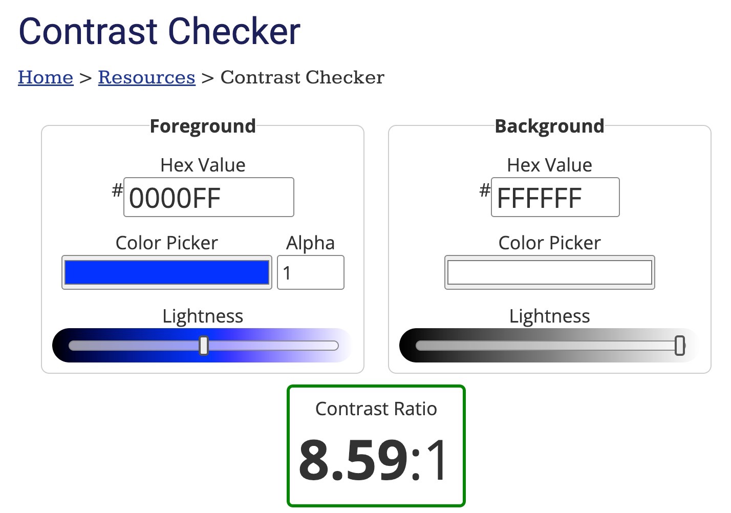 Screenshot of WebAIM Contrast Checker, with controls for hex value and brightness