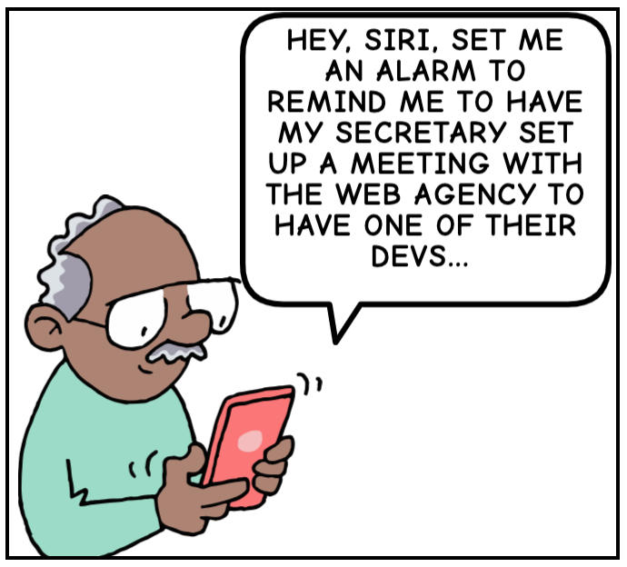 comic of a person making a complex request to Siri on his phone