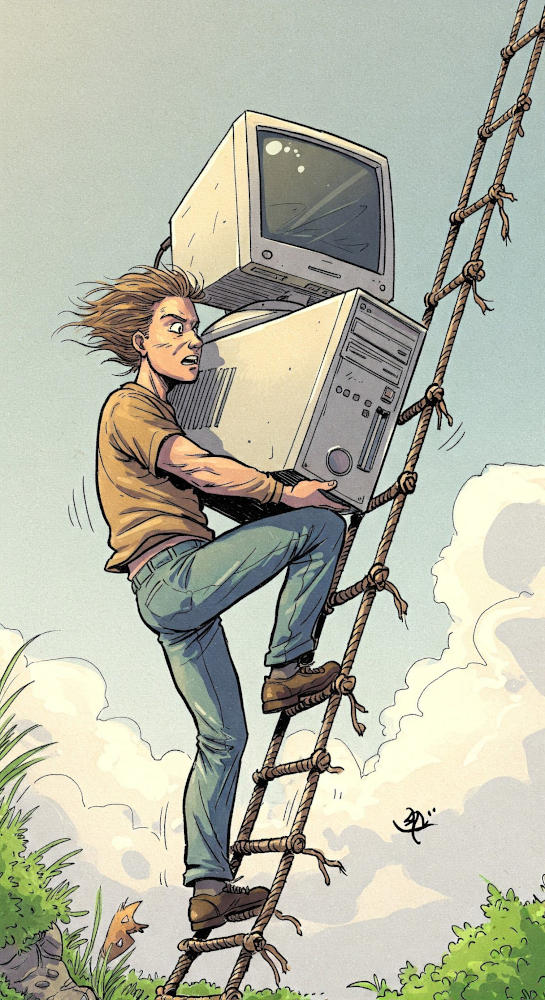 someone trying to carry a desktop computer while climbing a rope ladder, in a cartoony style
