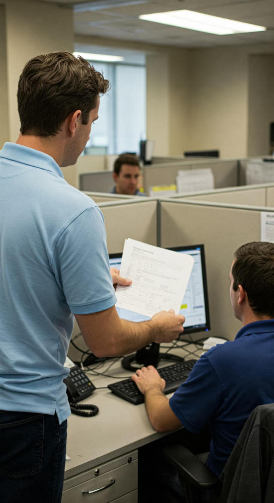 a man with a report in his hand discusses it with someone in a cubicle working on a computer