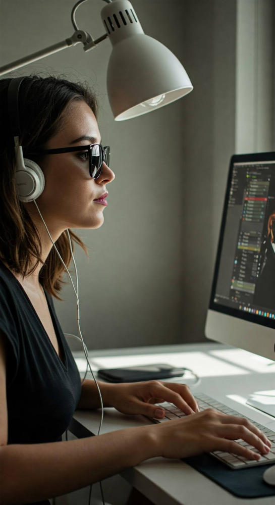 a woman in dark glasses typing at a desktop