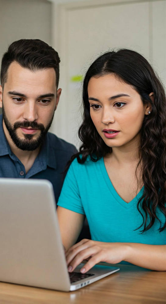 a man and a woman sit at one computer together, not really looking at the screen