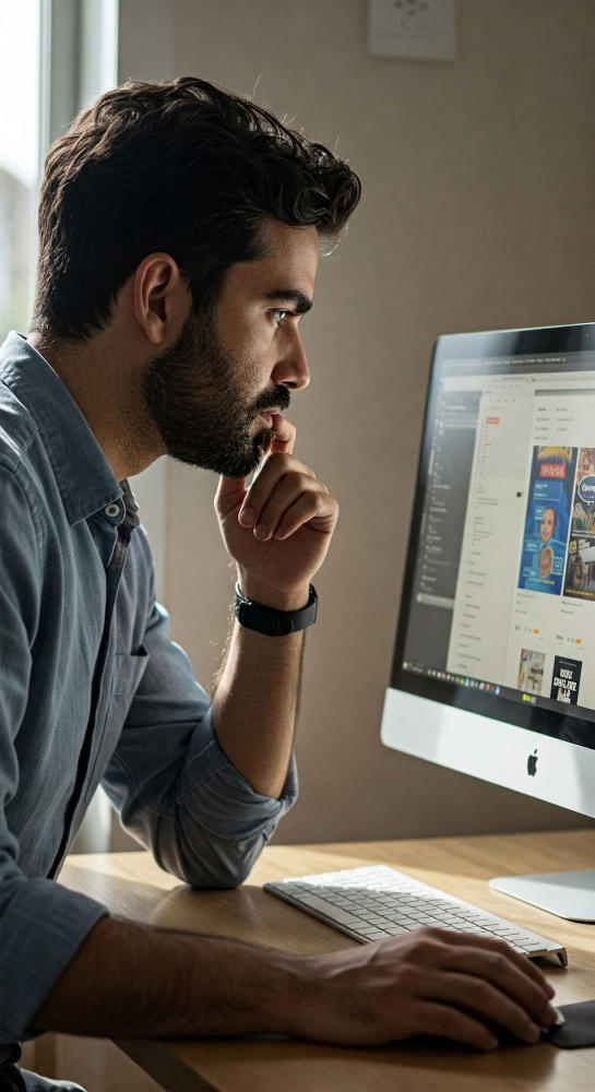 a man looks intently at the screen of his desktop