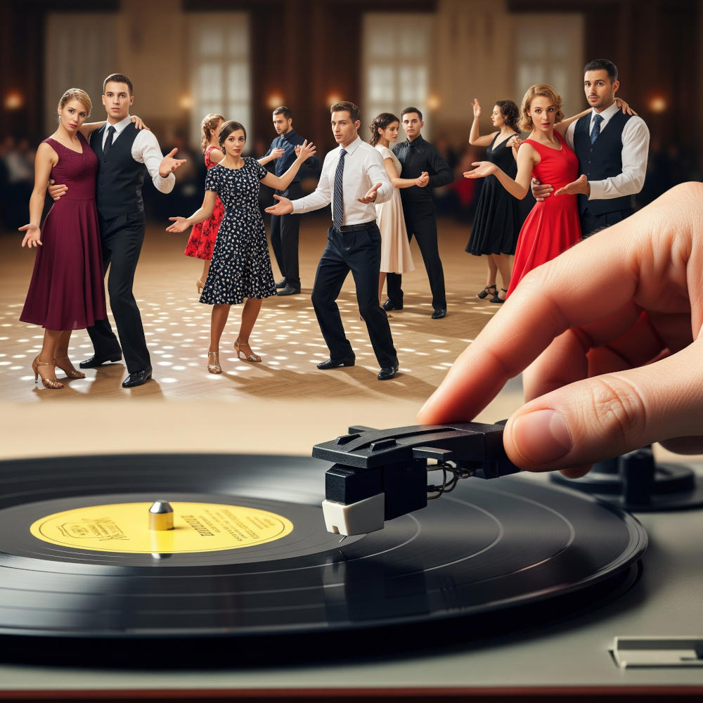 A dance floor filled with confused-looking pairs of dancers looking towards a record player whose needle has been lifted to stop the music