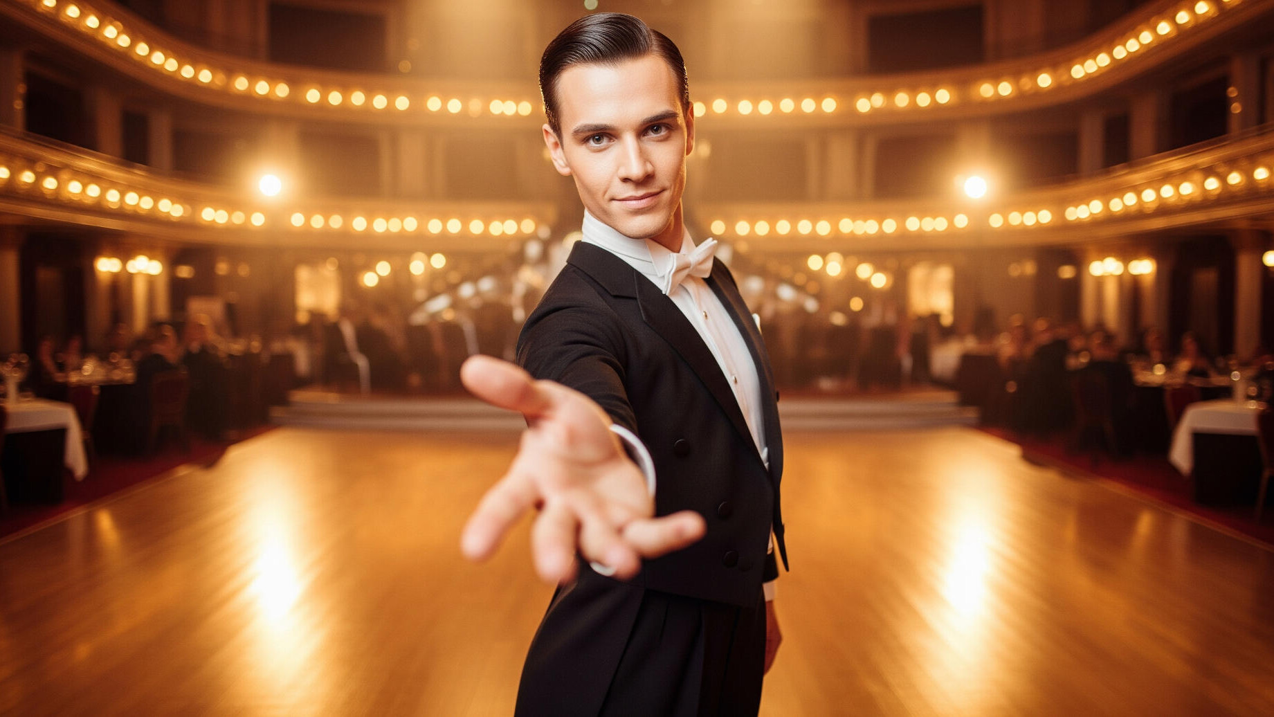 Shall We Dance? A ballroom dancer in a tuxedo extends his hand invitingly from the dance floor