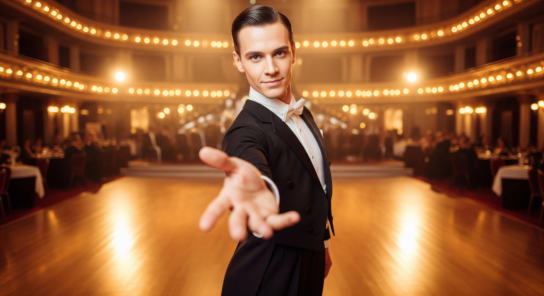 Shall We Dance? A ballroom dancer in a tuxedo extends his hand invitingly from the dance floor