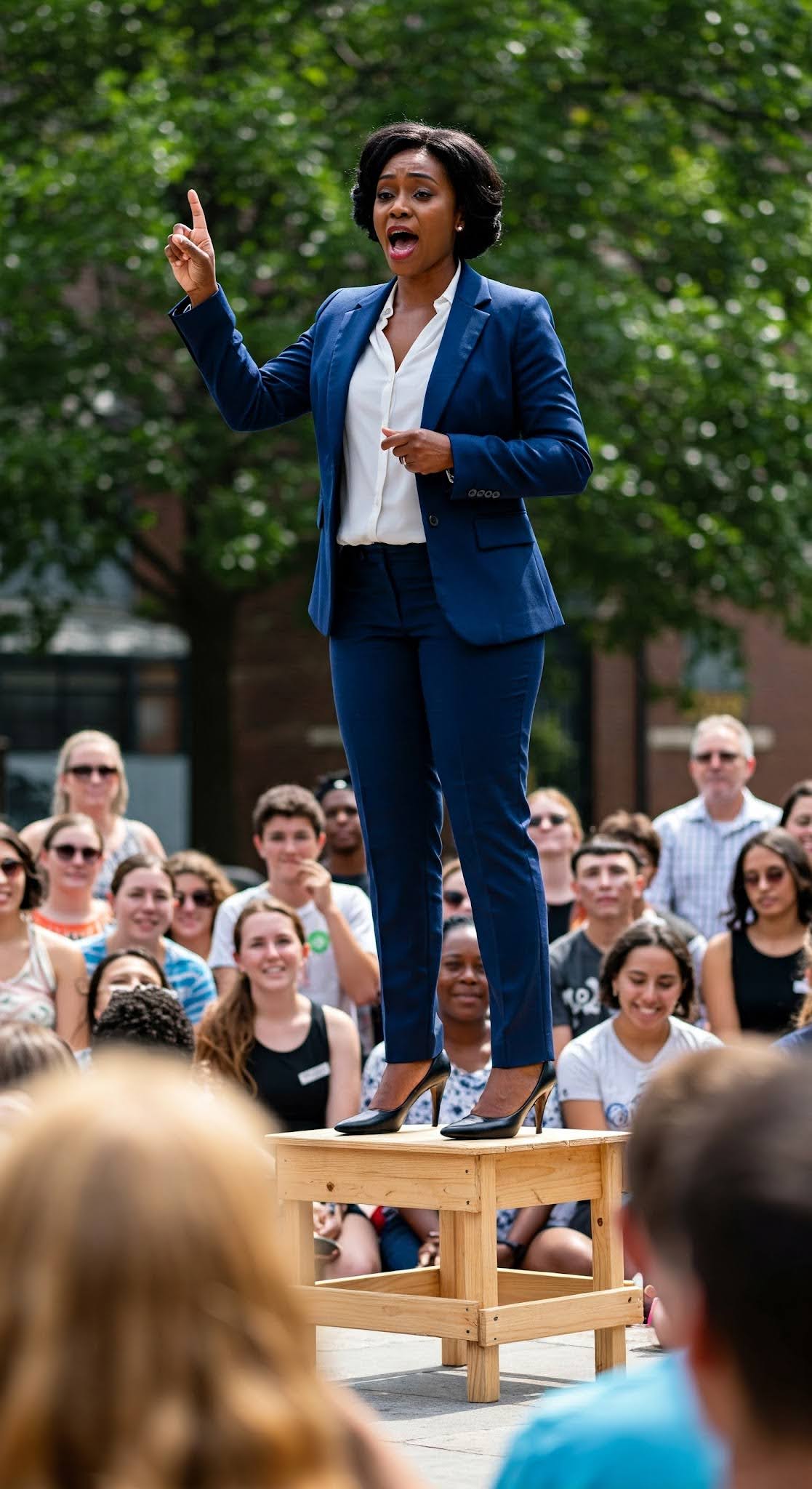 Lady standing on a soapbox holding forth on a topic of her expertise