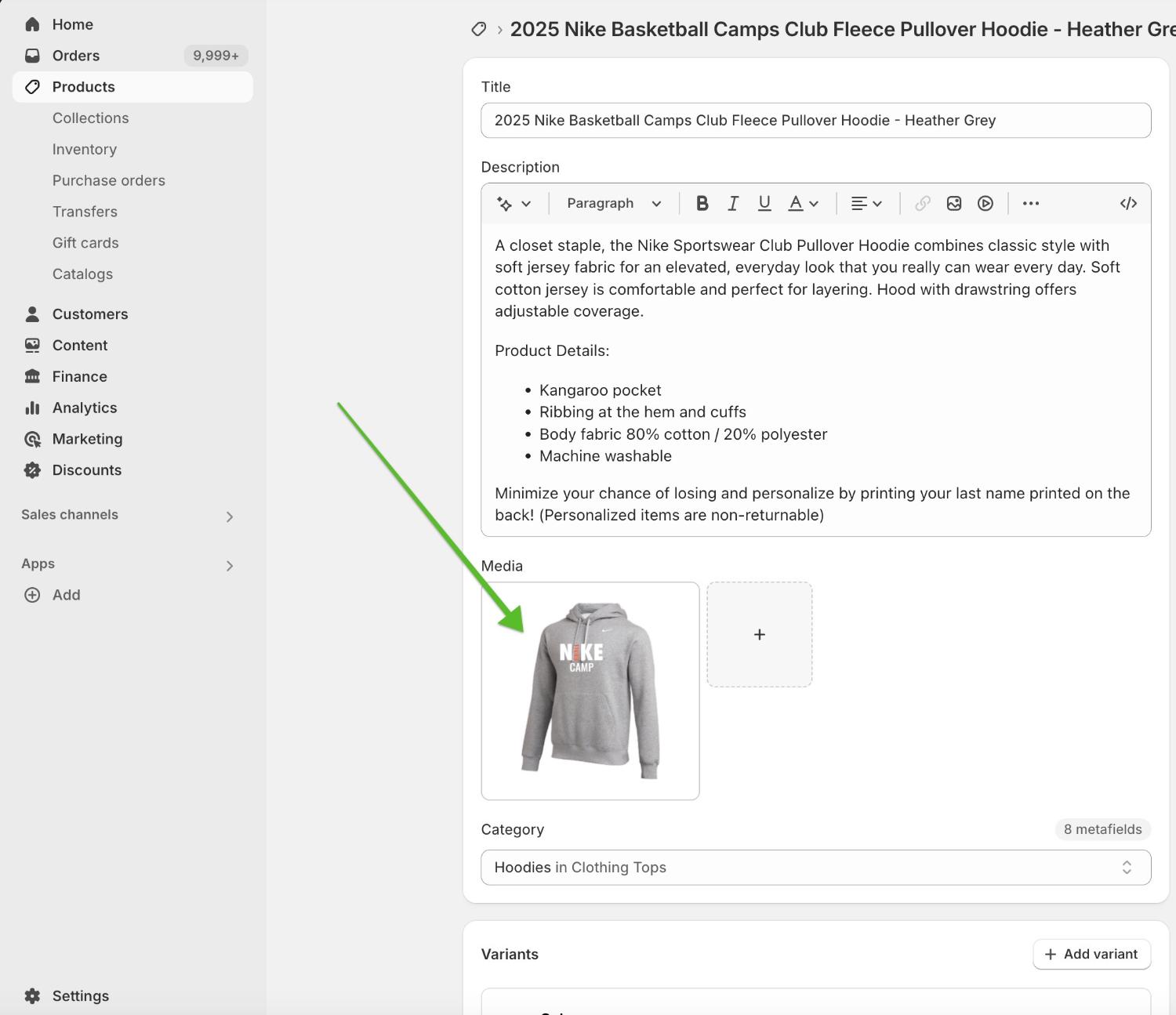click on image in Shopify product backend page