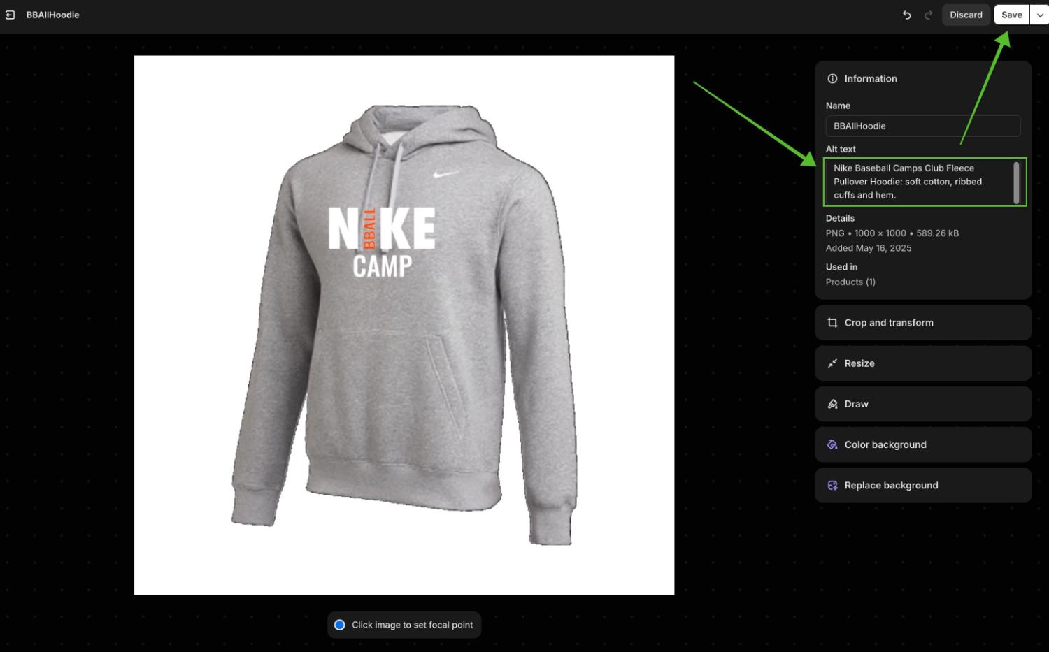 editing alt text in the back end