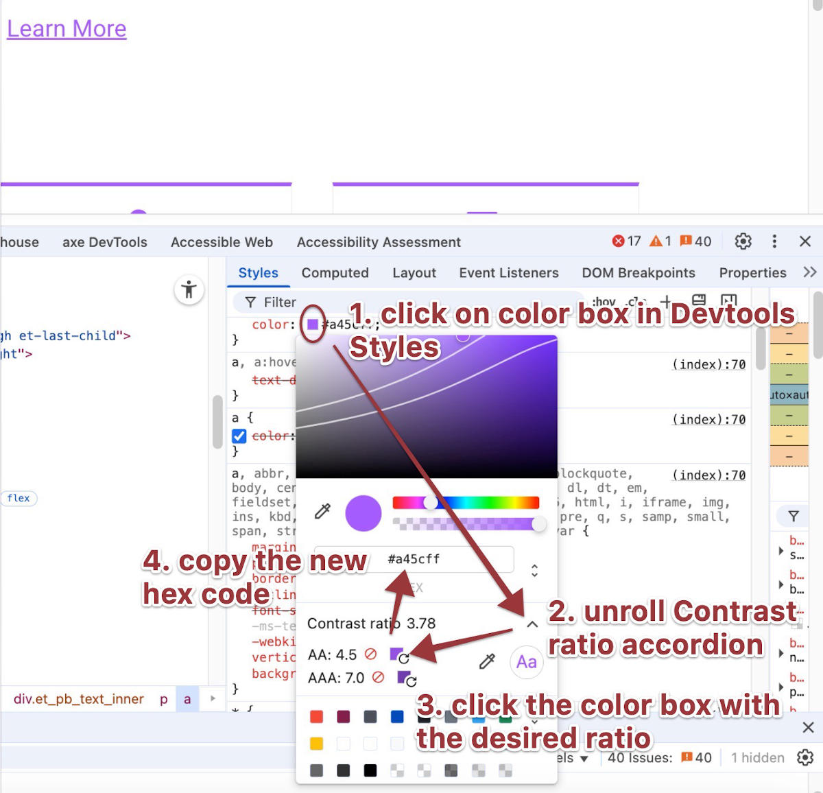 steps to find an accessible color in Chrome