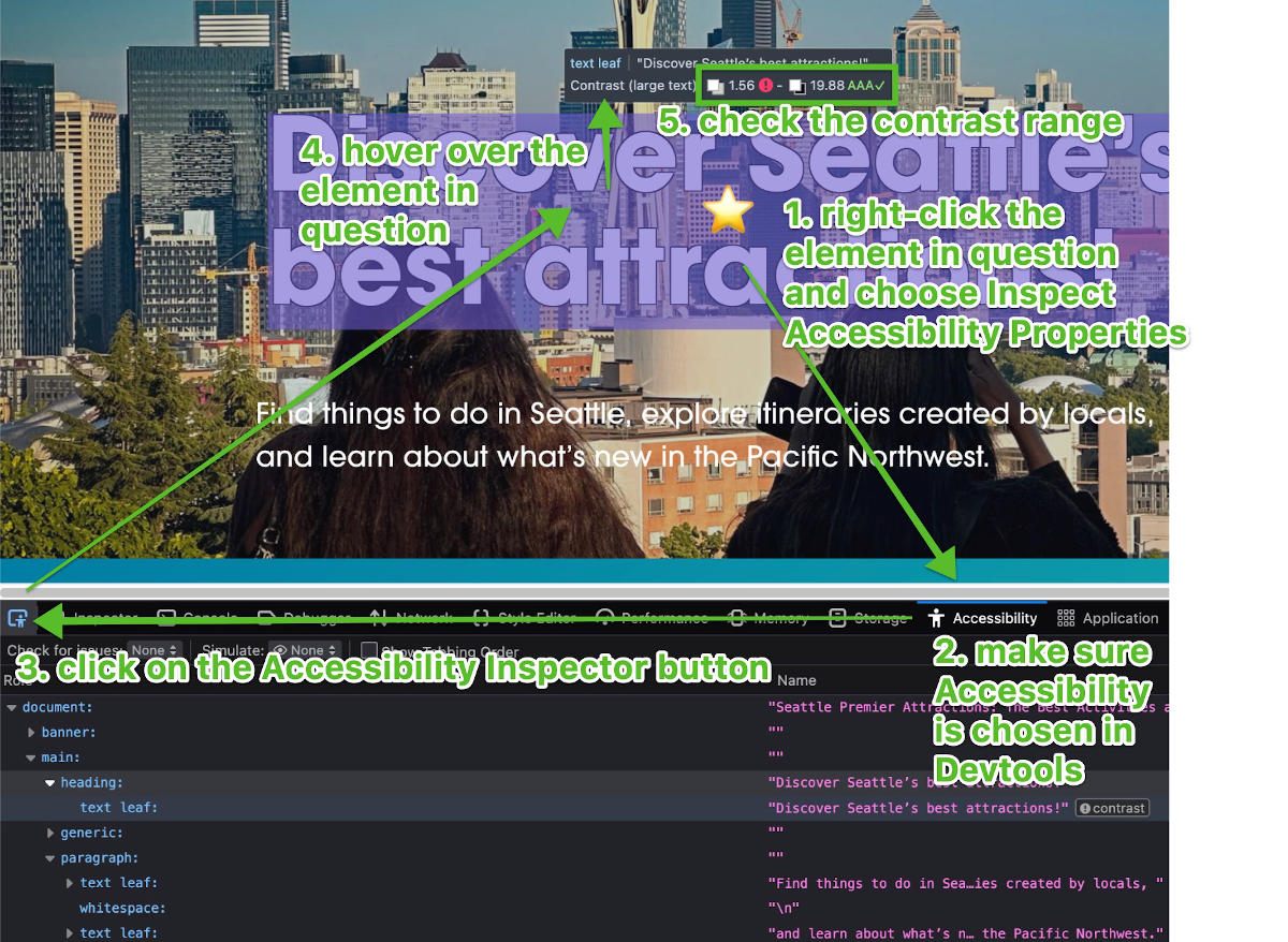 steps to check color accessibility of text over images in Firefox