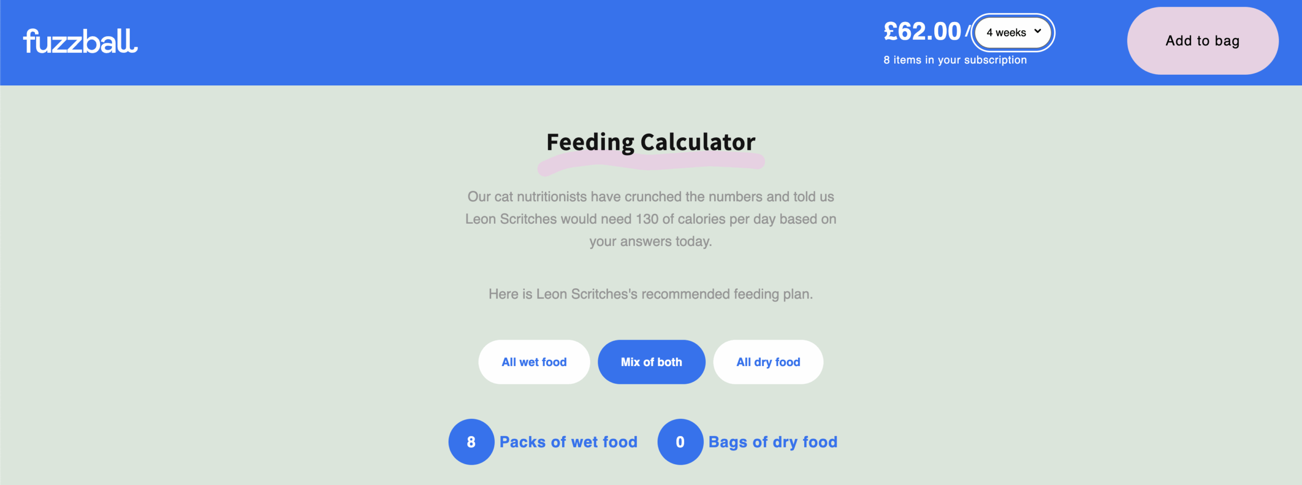 Feeding Calculator on Fuzzball site