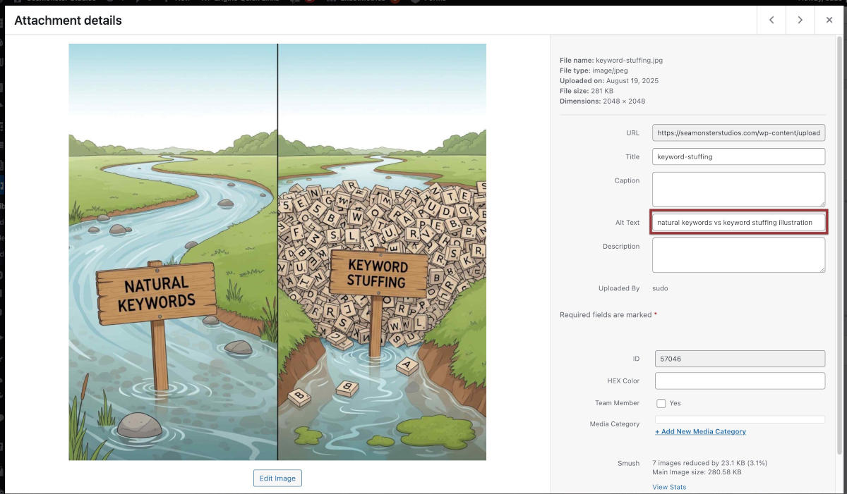 Wordpress image editor with alt text box outlined