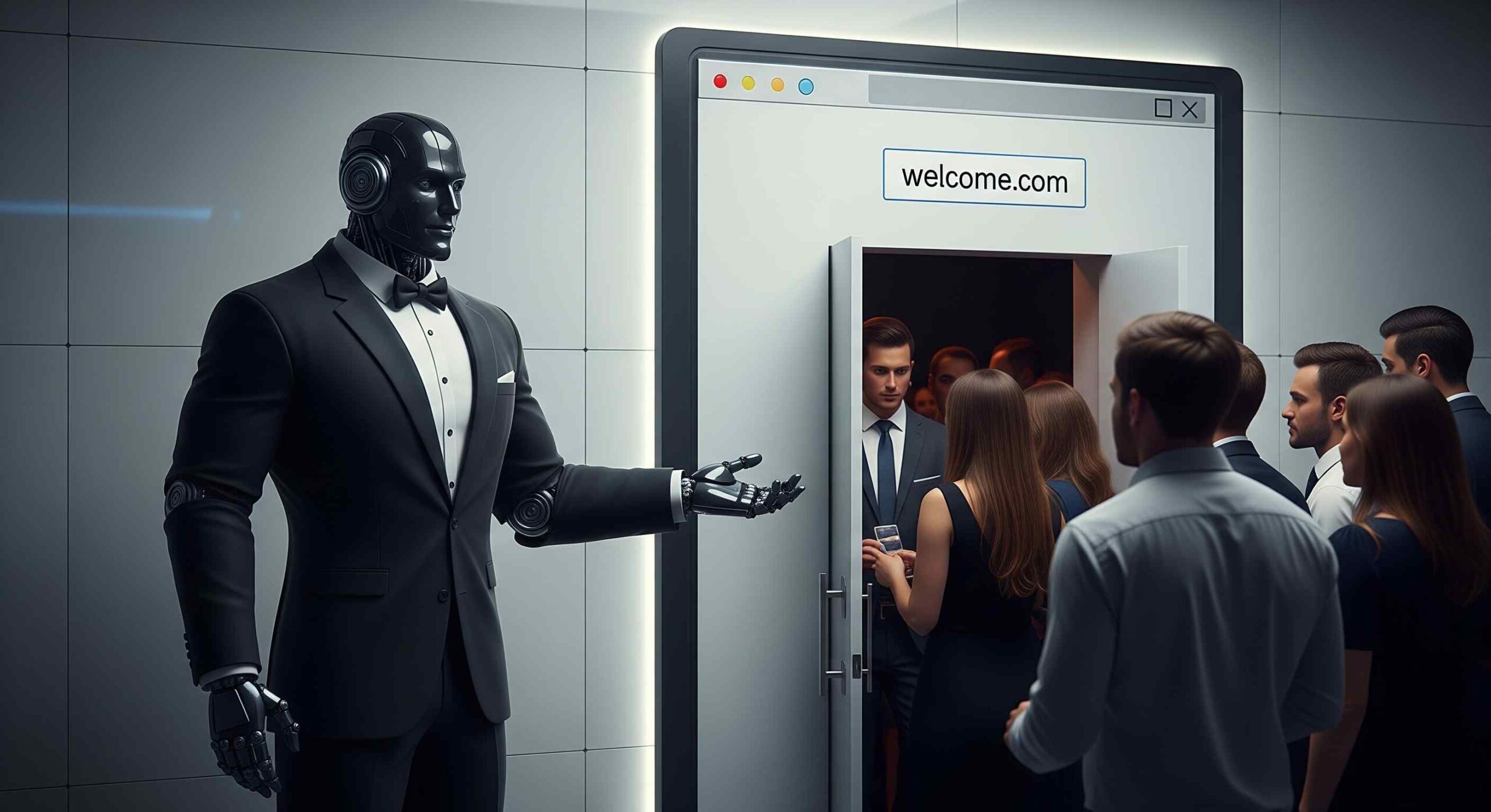 A similar robot bouncer to the first, but this one with a friendly expression beckoning a crowd of people through the door