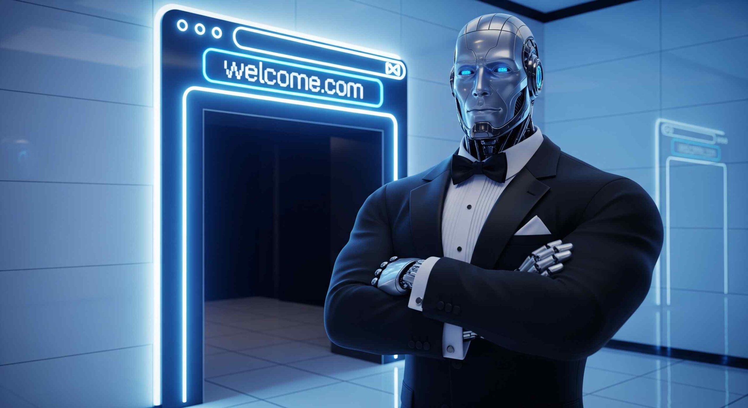 A modern, imposing robot bouncer in a tuxedo crosses its arms, guarding a door shaped like a browser window.