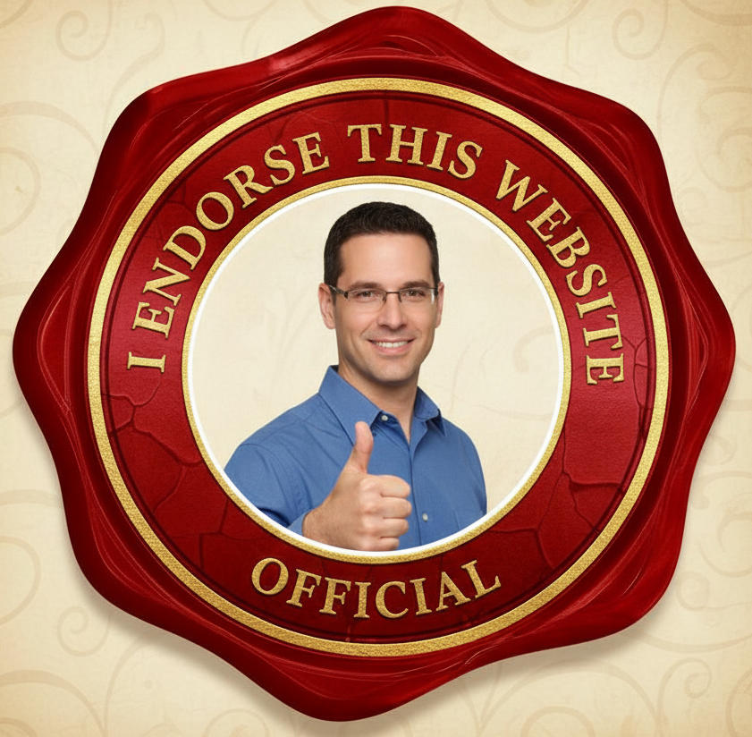 'I endorse this website' official seal with someone giving a thumbs up in the middle