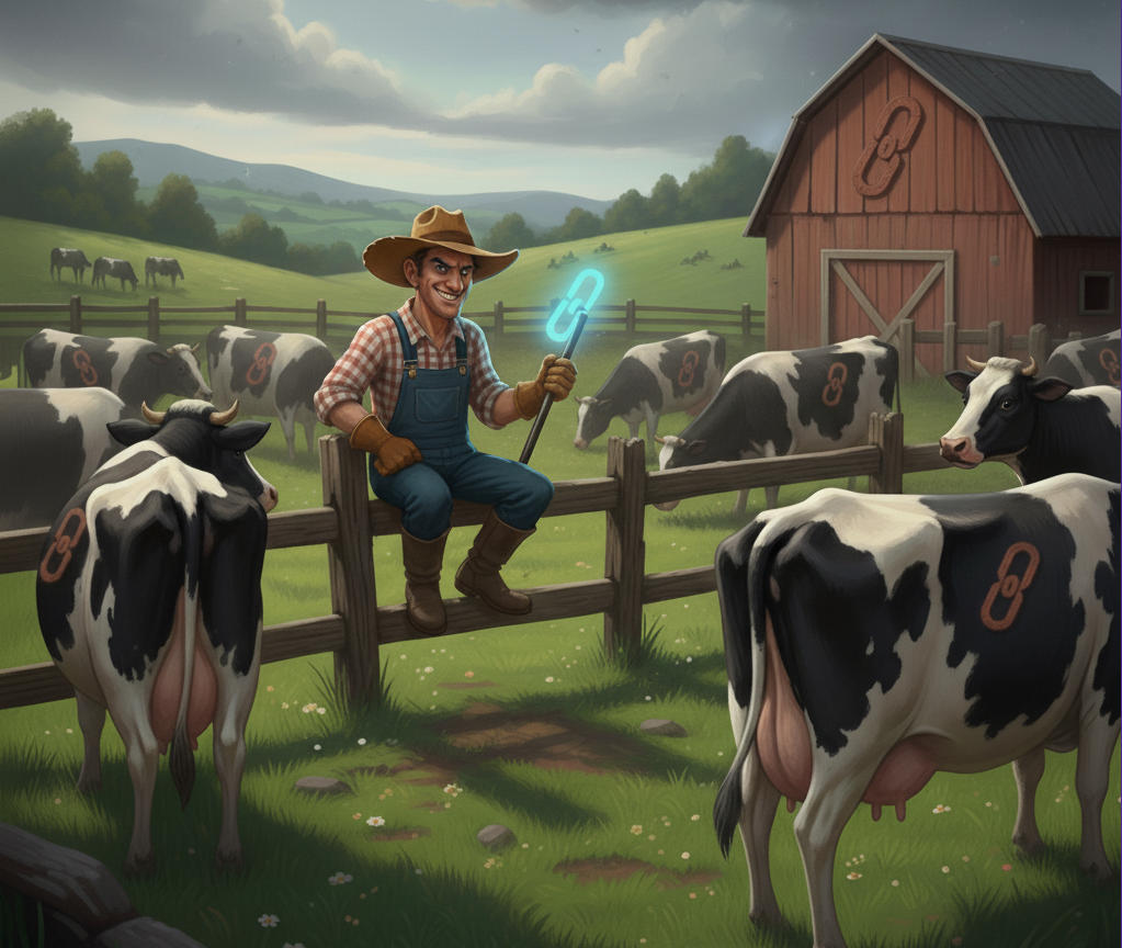 link farm with cows bearing a brand that looks like a link