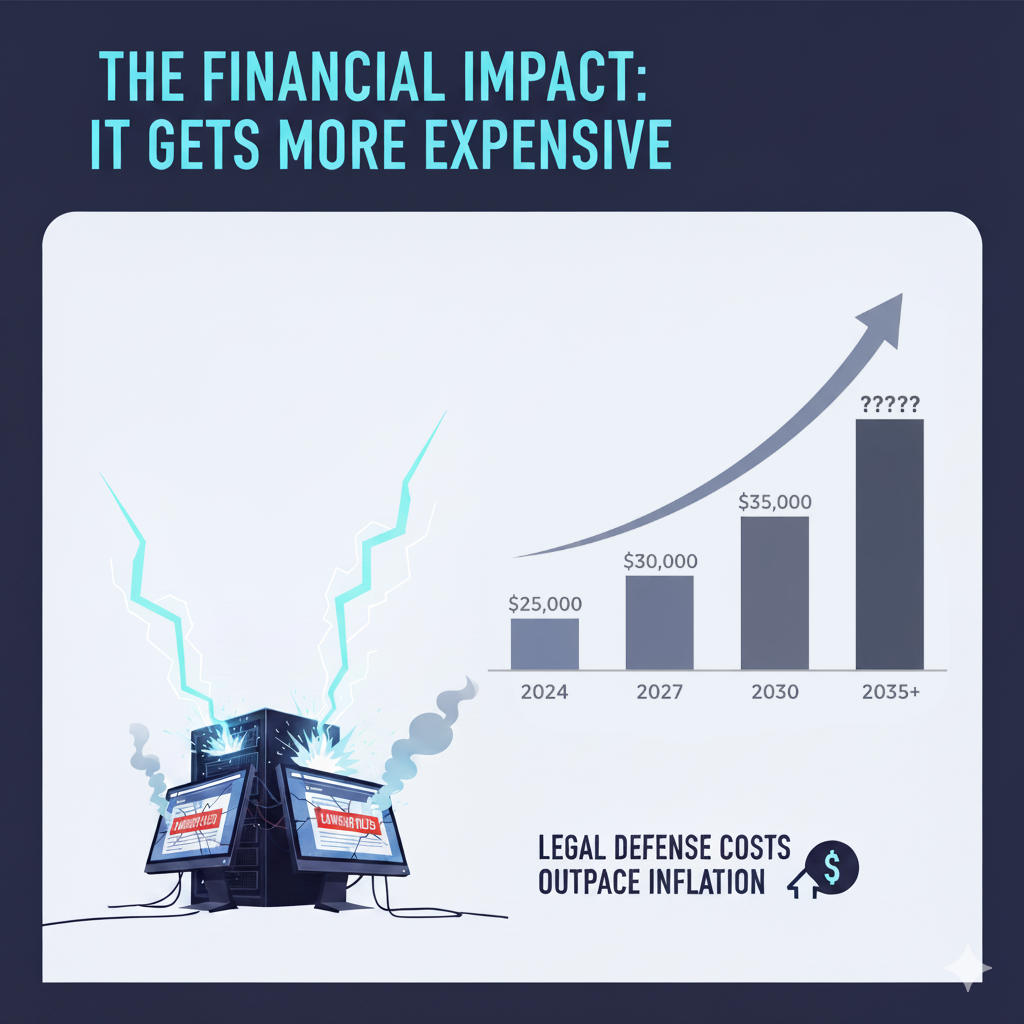 graphic showing the potential increase in legal costs from 2024 through 2035 and beyond, with an arrow showing the upward trend and beyond.