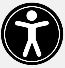 icon for accessibility, depicting a white person-like figure with open arms within a black circular background.