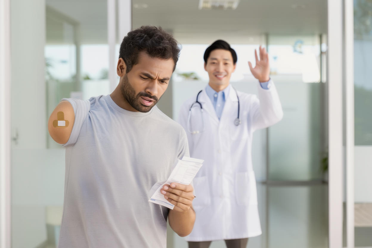 Man with a bandaided arm stump grimaces at his medical bill as a cheerful doctor waves goodbye from the clinic behind him.