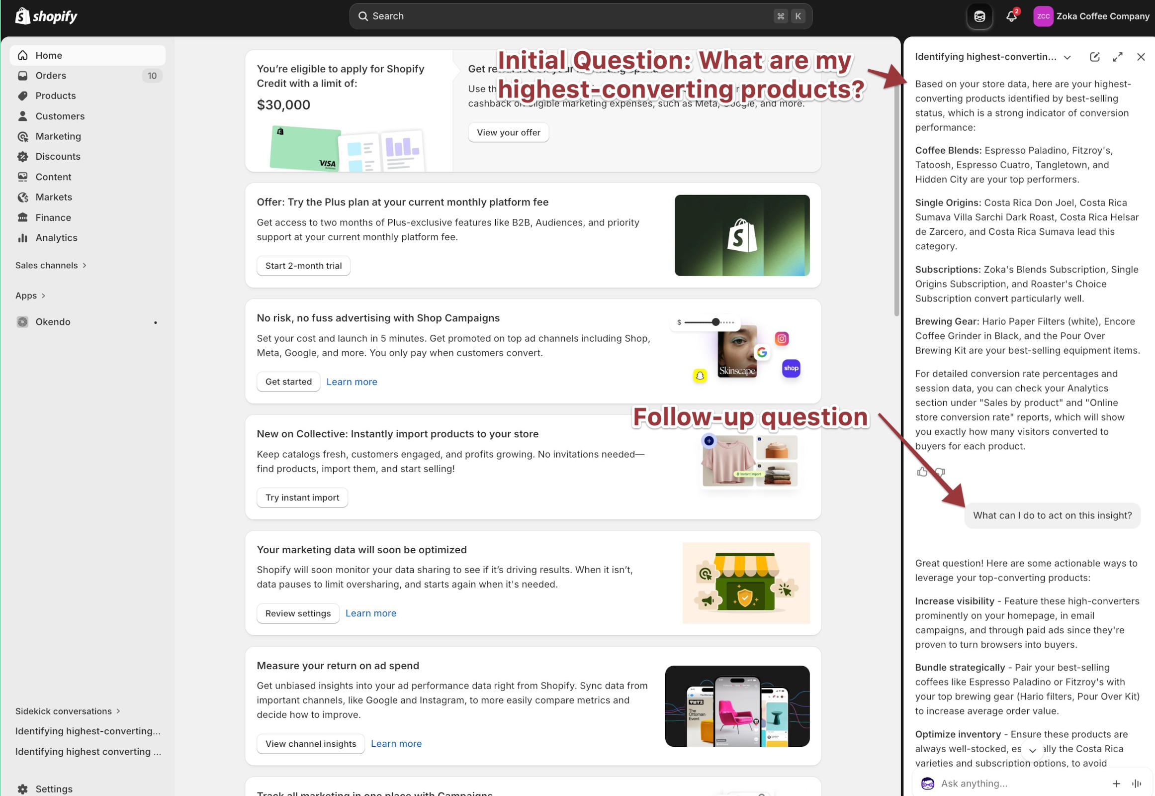 Zoka Coffee – Shopify Sidekick answering product