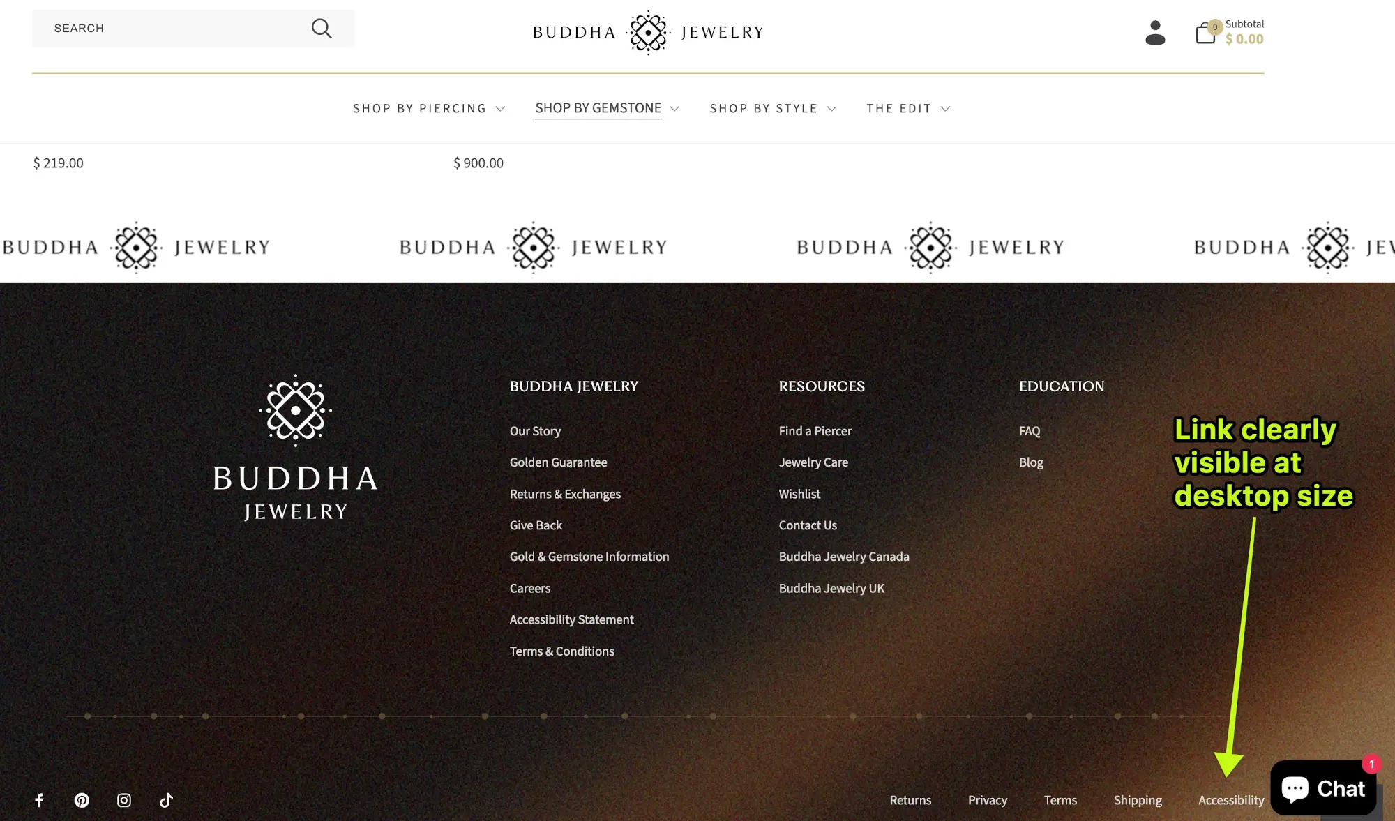 Buddha Jewelry site with Accessibility link safely beside the floating chat widget