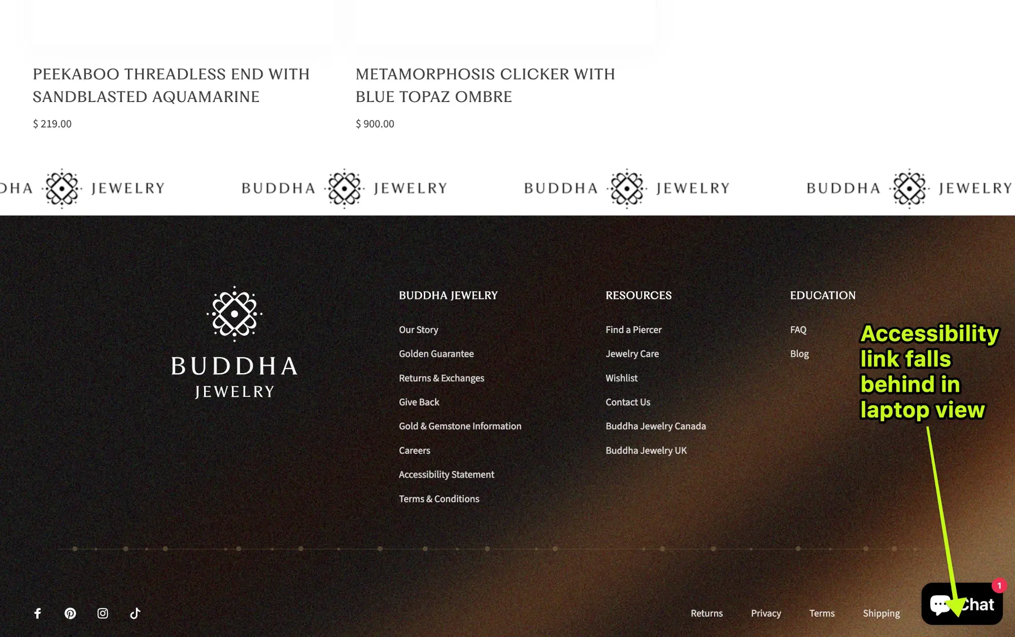 narrower Buddha Jewelry site with Accessibility link covered by the floating chat widget