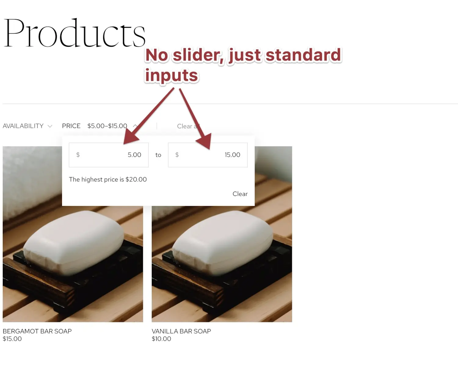 Price range inputs in Shopify Dawn theme, with annotation: 'No slider, just standard inputs'