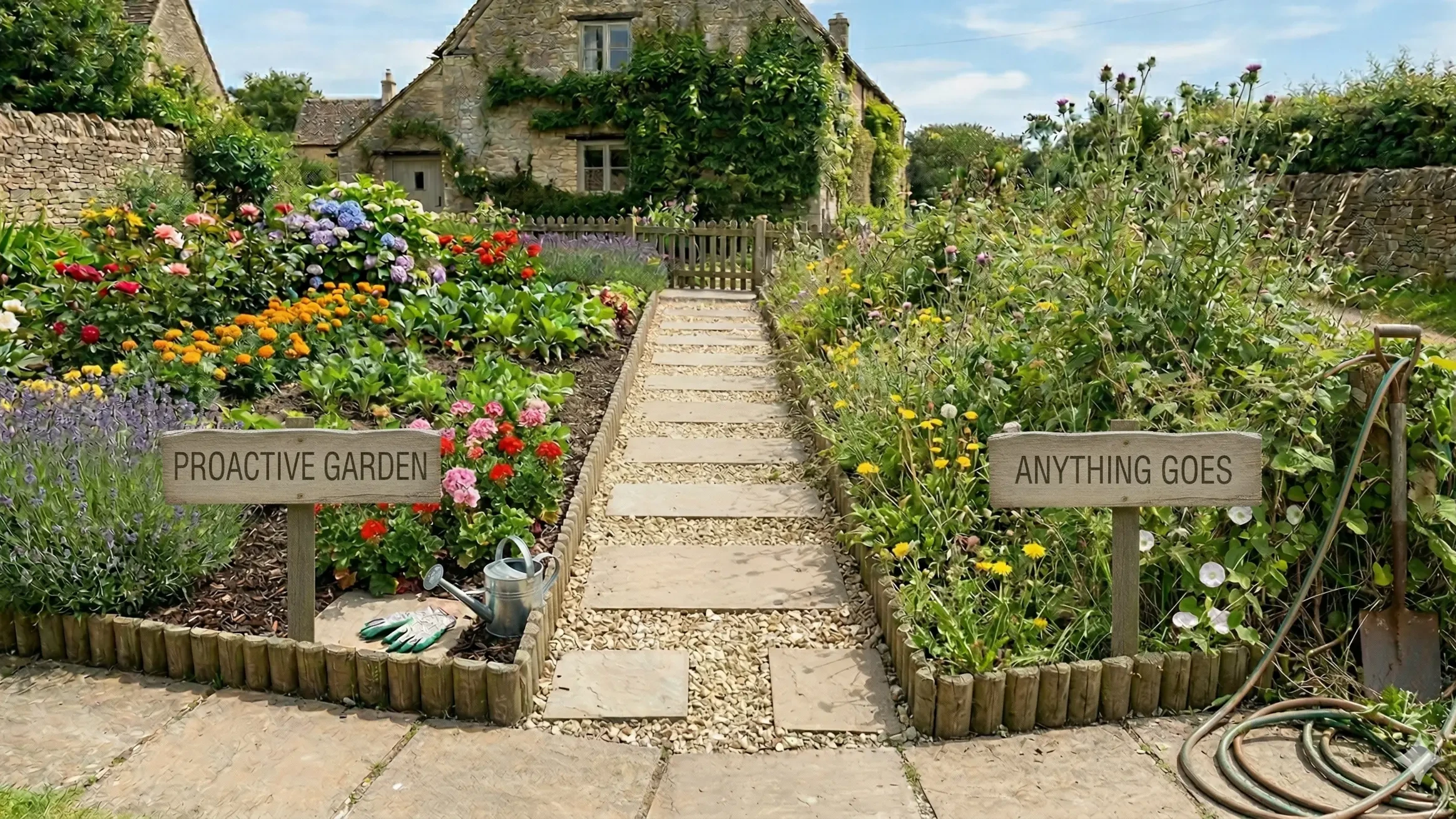 A gravel path divides two contrasting gardens; one lush with flowers and a 'PROACTIVE GARDEN' sign, the other overgrown with a 'ANYTHING GOES' sign.