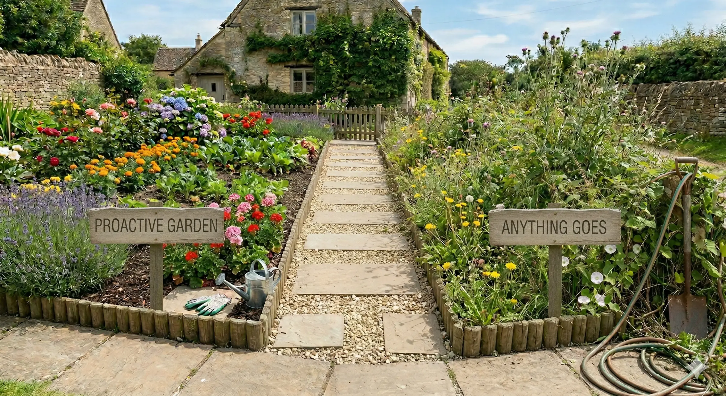 A gravel path divides two contrasting gardens; one lush with flowers and a 'PROACTIVE GARDEN' sign, the other overgrown with a 'ANYTHING GOES' sign, indicating it does not follow the most recent accessibility standards.