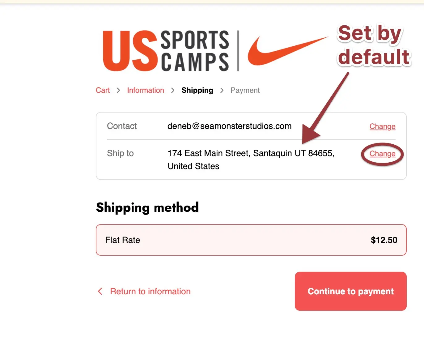US Sports Camps shipping details: contact, a default shipping address with change option, annotation stating 'Set by default'