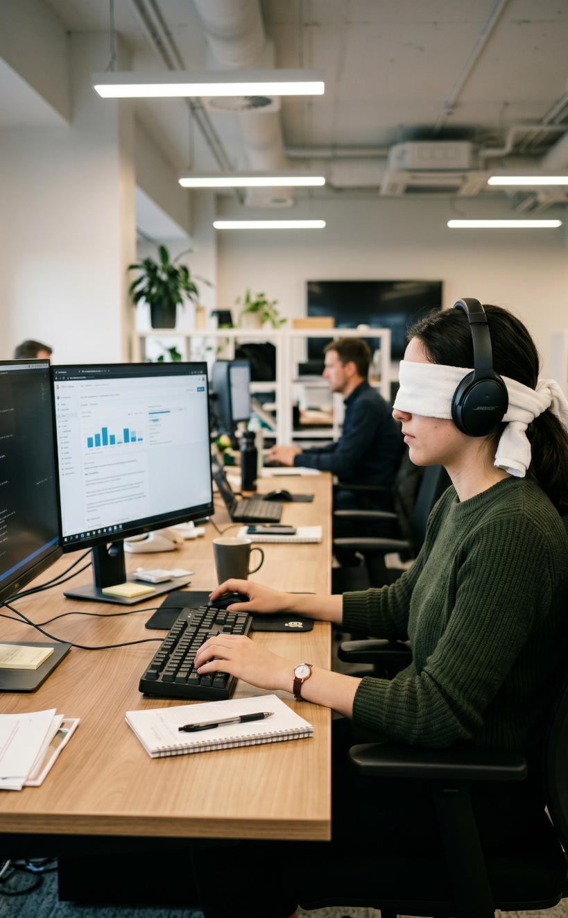 someone sits at a computer with a large white blindfold and headphones on