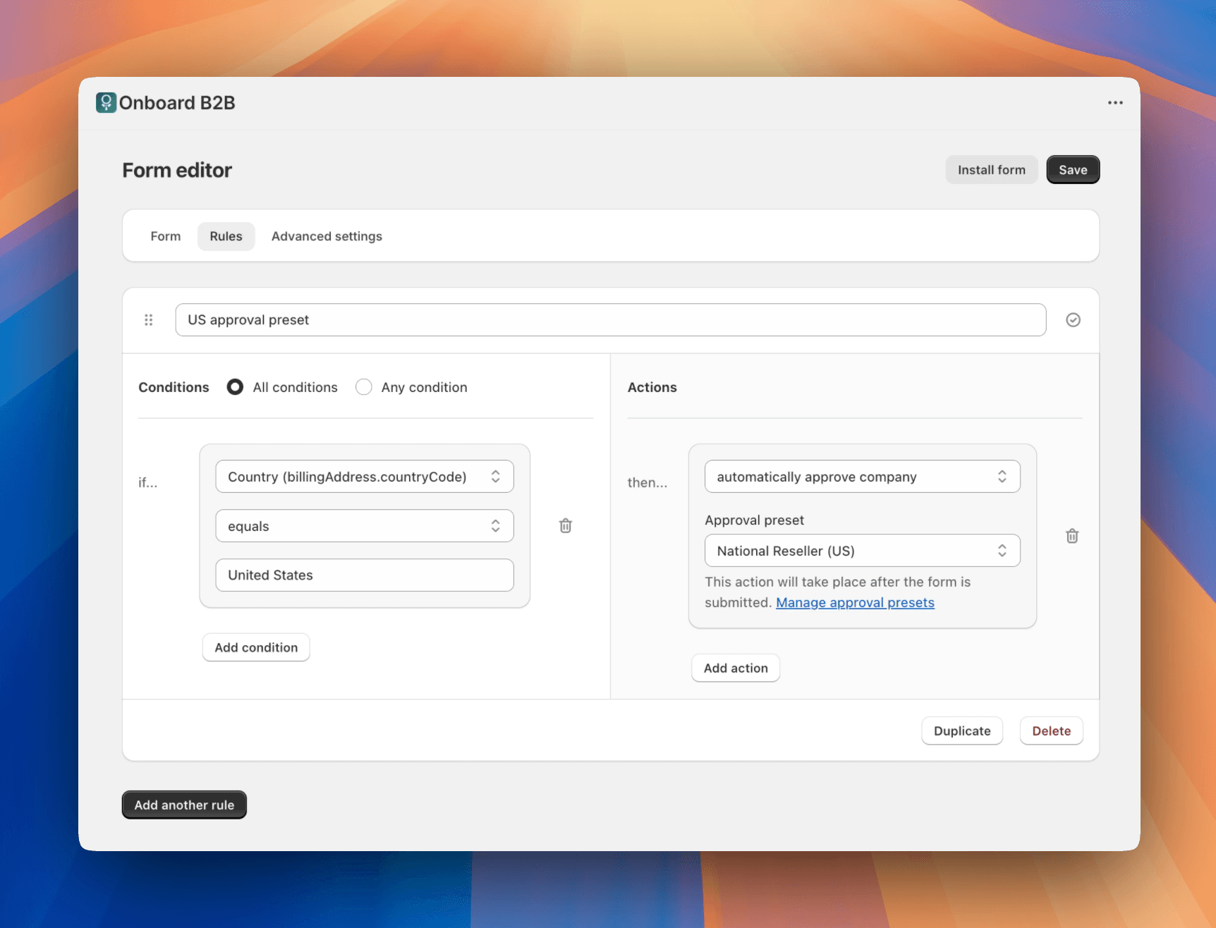 Onboard B2B approval presents screen