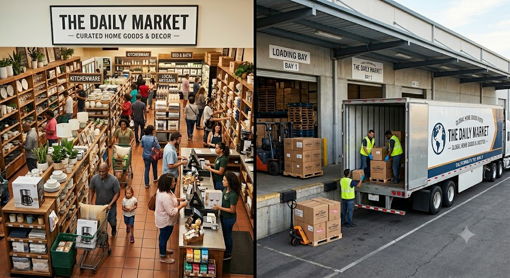 split view of the front of a bustling store and its back where a semi is being loaded