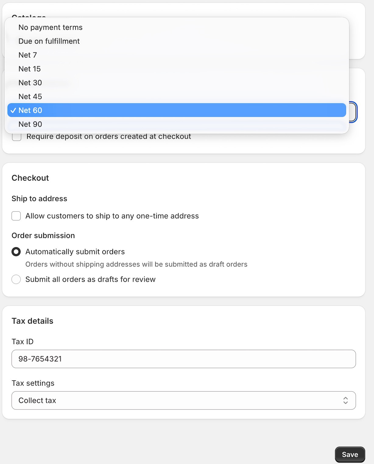 closeup on payment terms with options for  Net 7, 15, 30, 45, 90