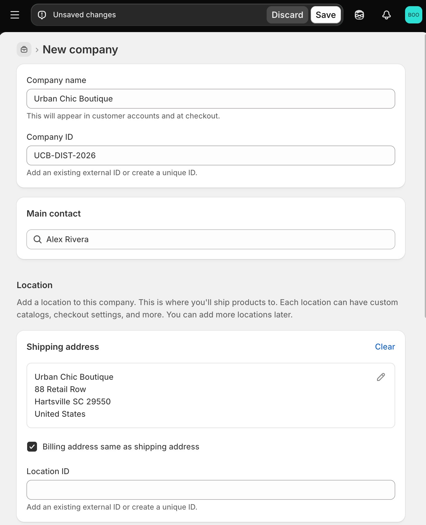 add new company screen in Shopify