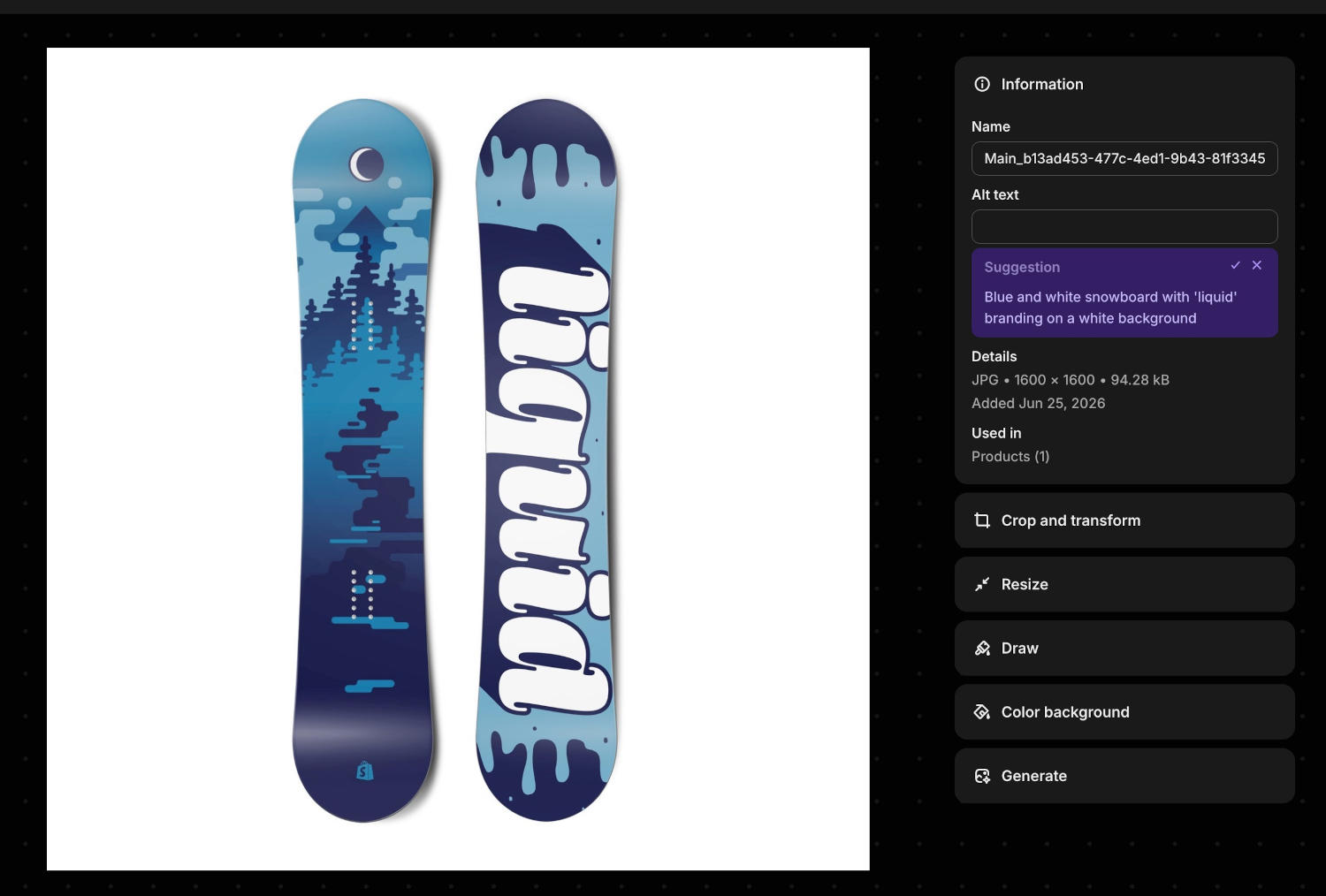 Shopify attempts to come up with alt text for a snowboard image