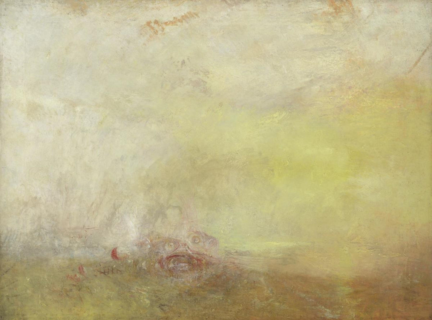 Swirling yellow fog and white clouds hang over a dark sea where a reddish sea creature emerges with an open mouth.