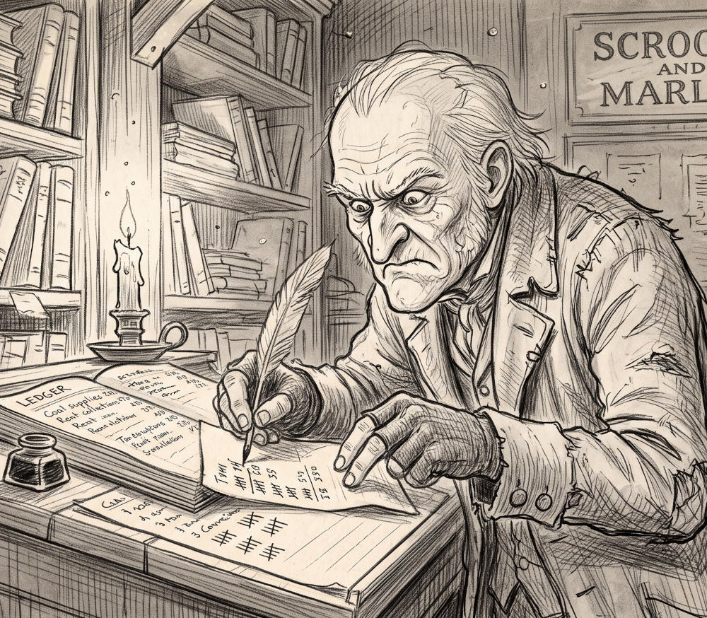Ebeneezer Scrooge marking a ledger with a sour expression