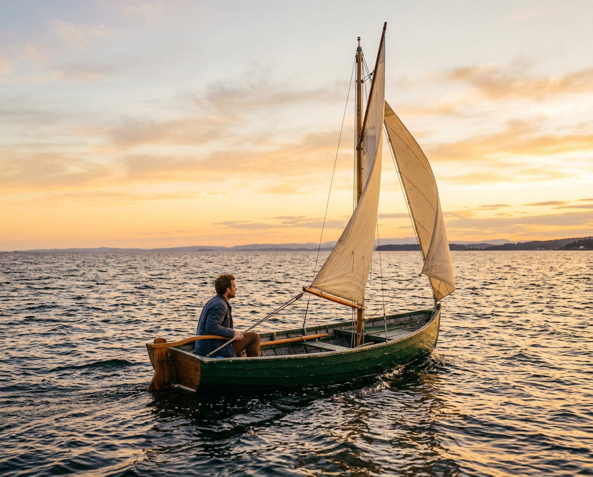 Someone sailing a small boat in calm water