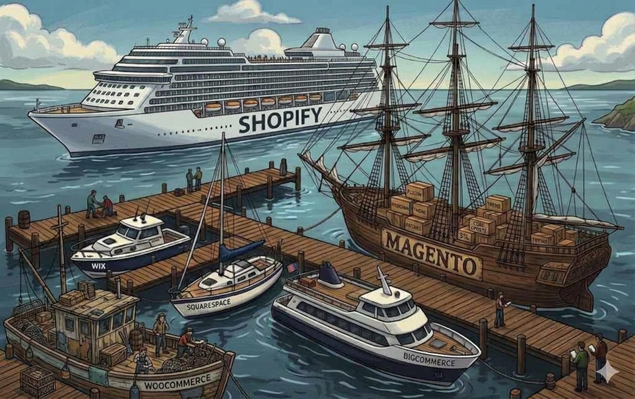 Drawing of a shipyard with boats representing various ecommerce platforms
