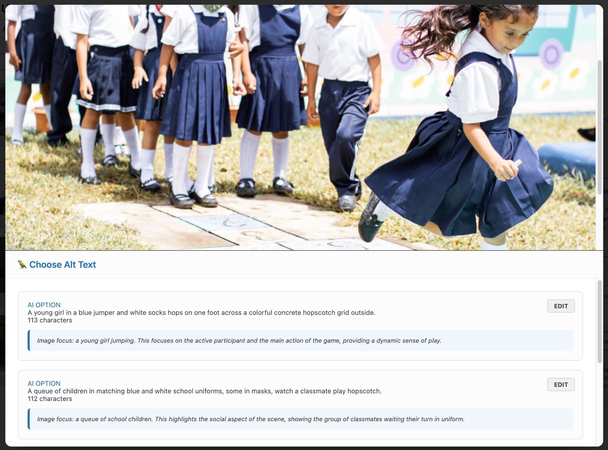 Modal interface displaying multiple AI-generated alternative text options