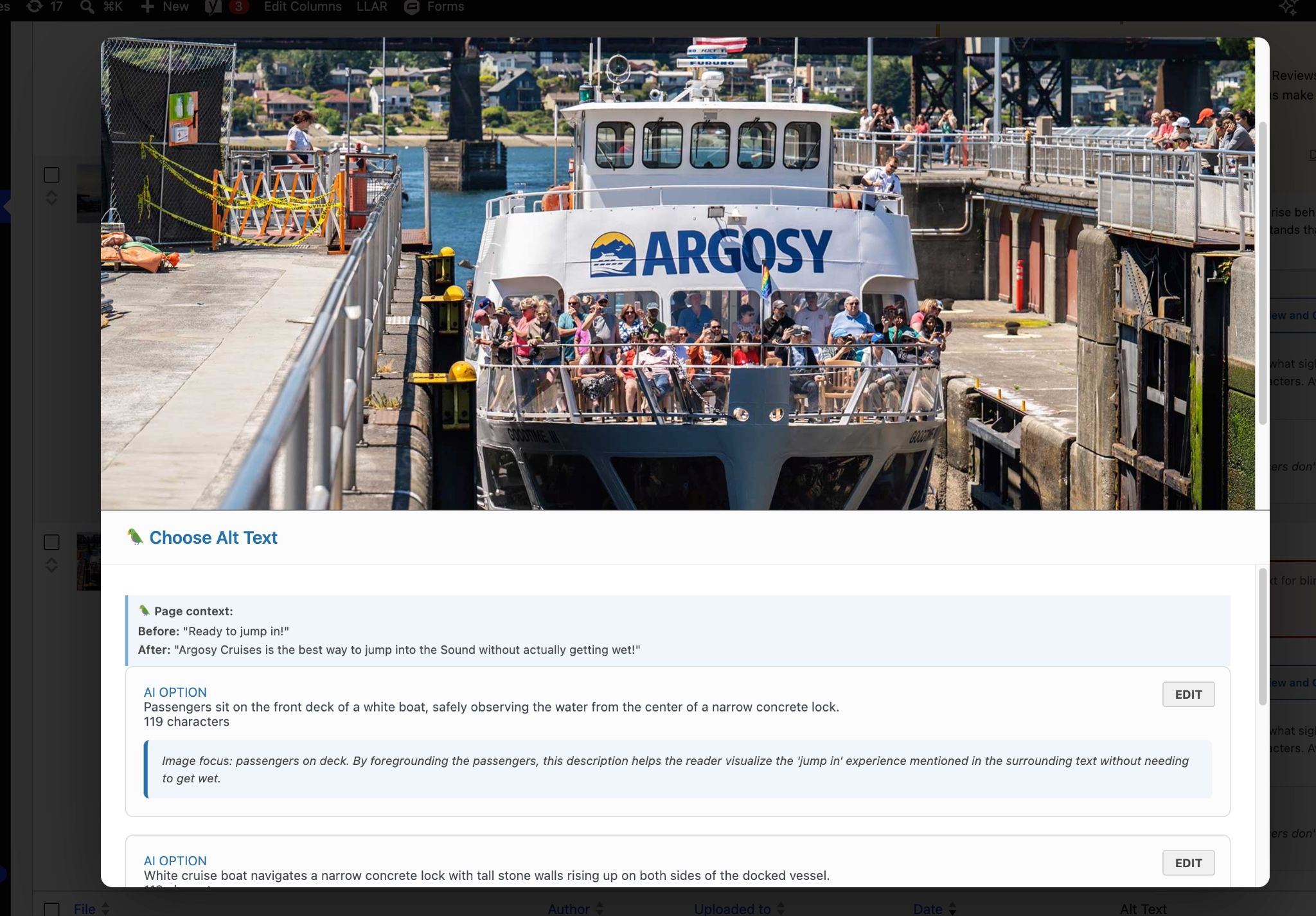 Polly Alt modal showing page content from before and after the image, along with several AI-generated options that include connections