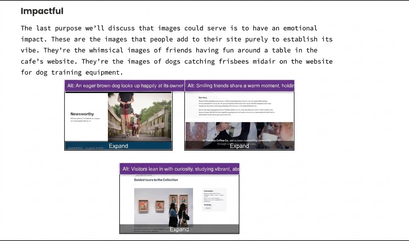 Detailed outline demonstrating how skippable verbose alt text empowers users