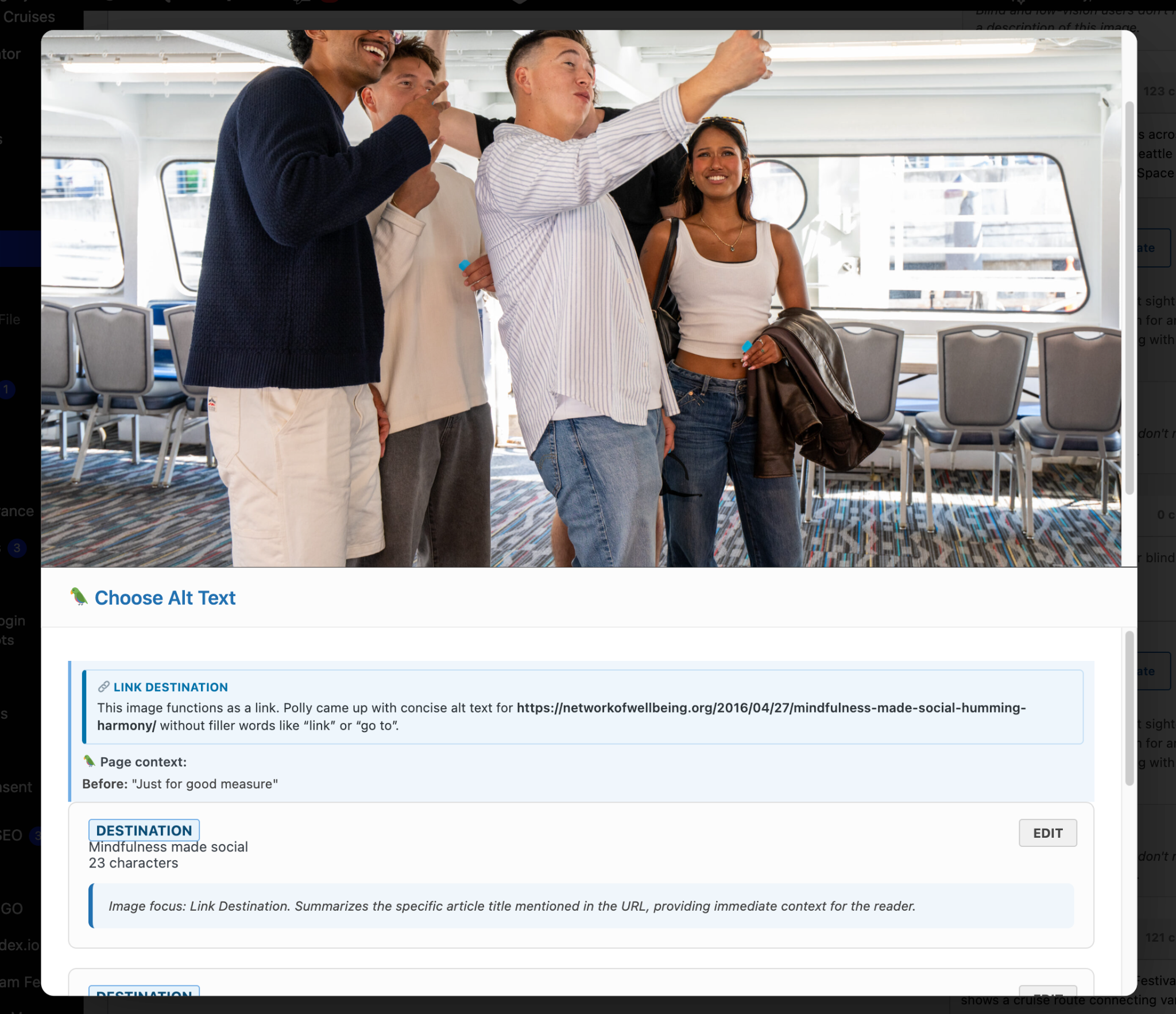 Media library interface showing guidance for handling image link alt text